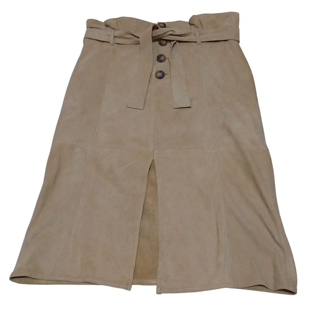 AS by DF Womens S Tan Suede Leather Midi Skirt Paperbag Waist Western Boho Luxe